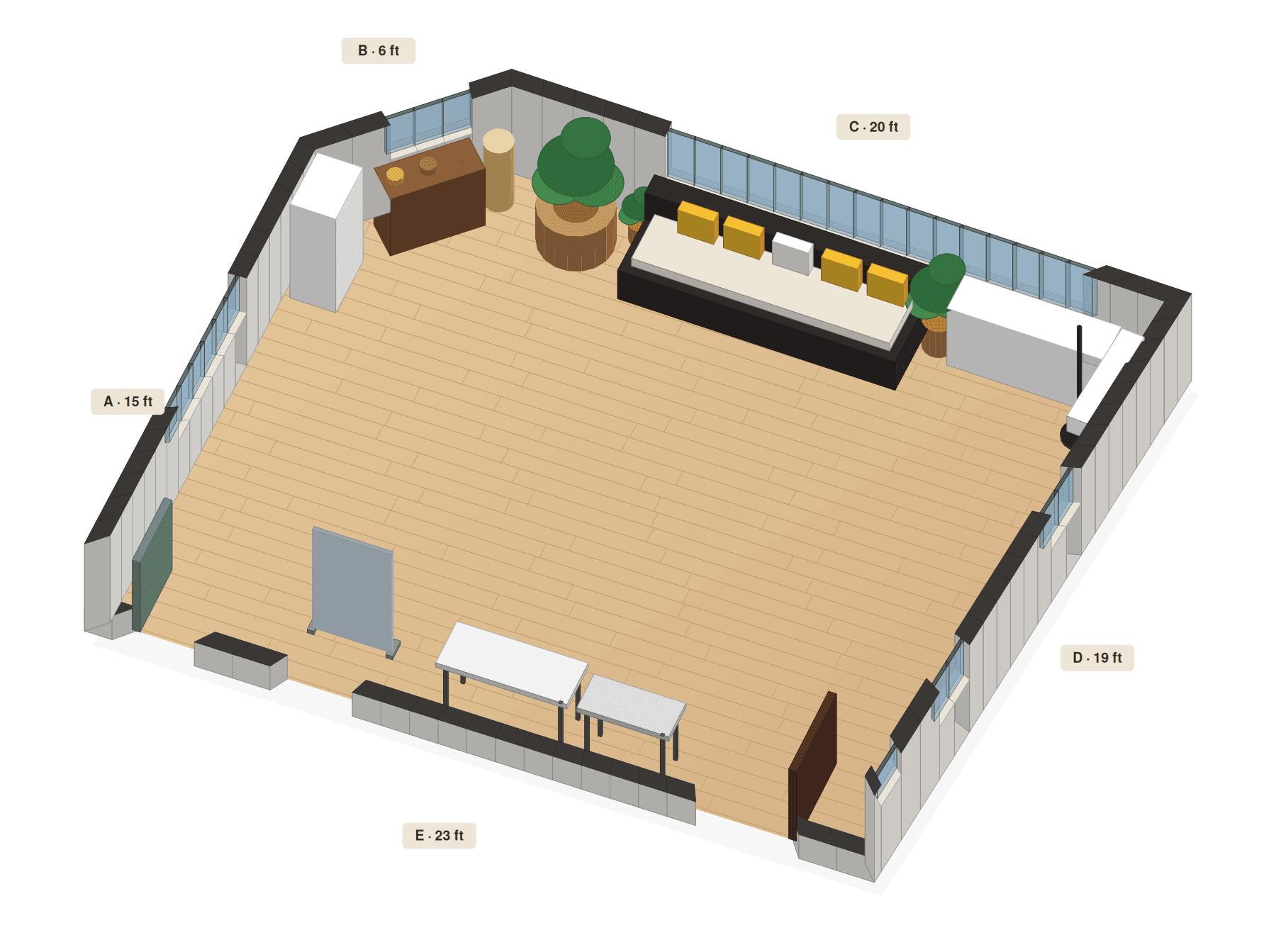 3D layout of the Queens Plaza Studios main studio showing windows, doors and furniture